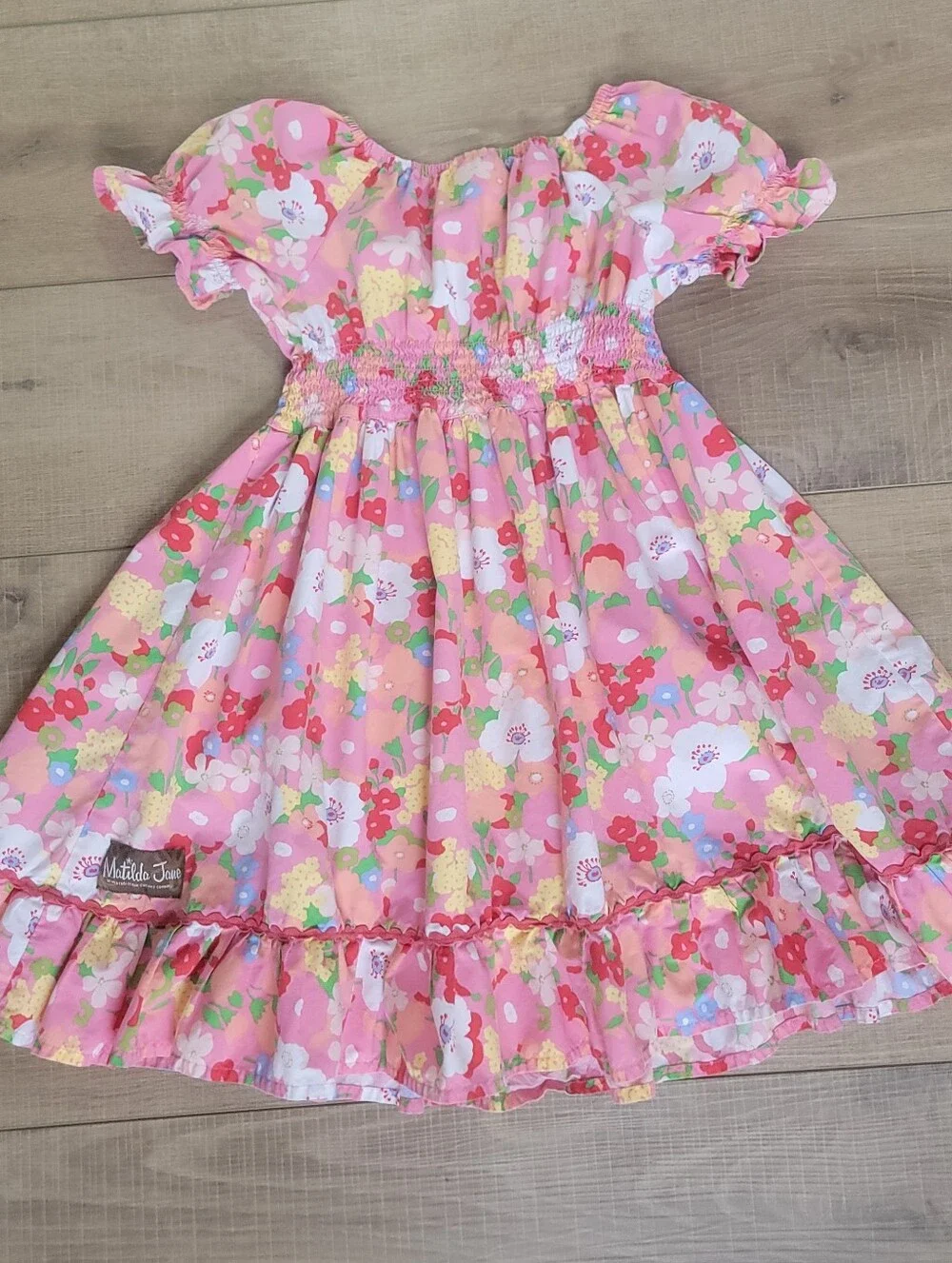 Matilda Jane Girls Pink Floral Good Luck Charm Puff Sleeves Smocked Dress Size 8